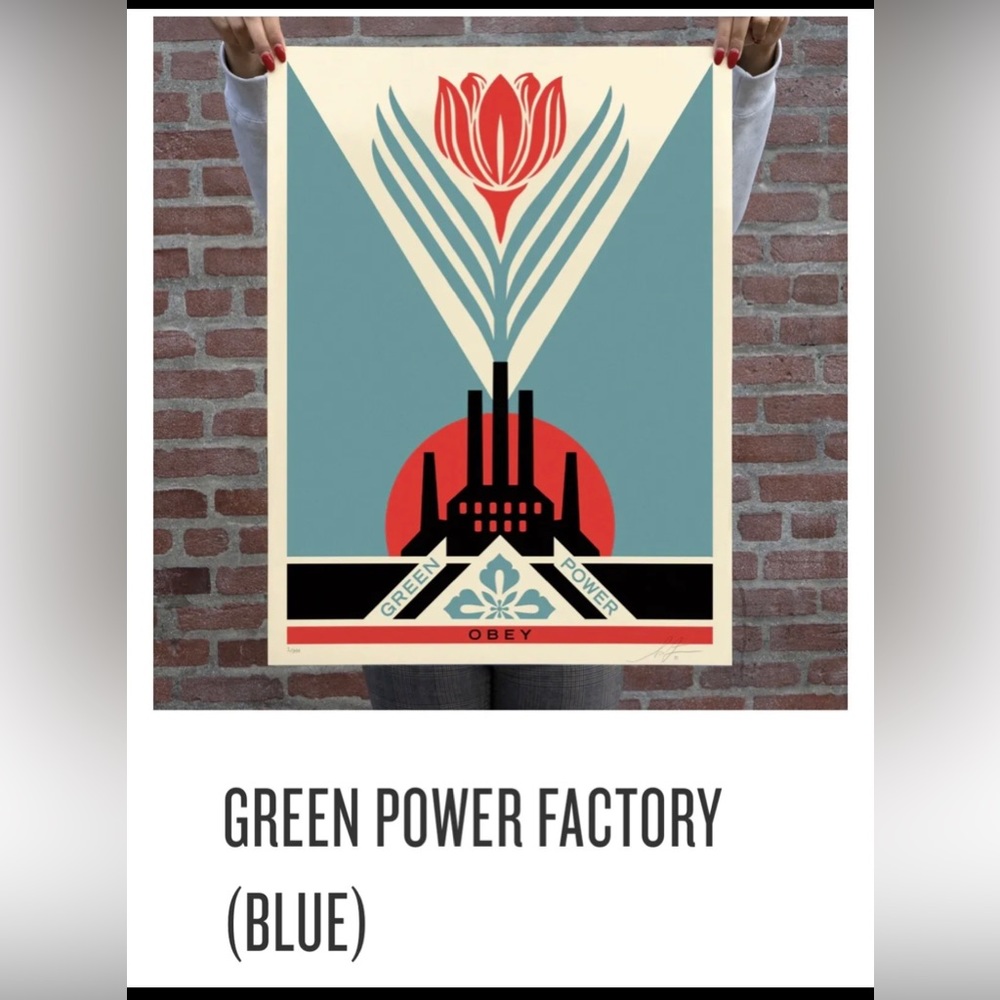 Obey Giant Shepard Fairey Green Power Factory Blue Screen Print